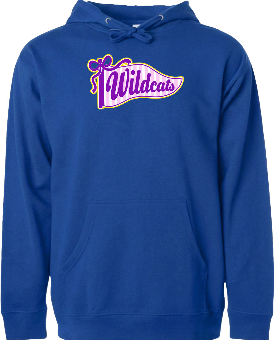 A blue hoodie with a graphic design featuring the word "Wildcats" in purple and yellow colors.