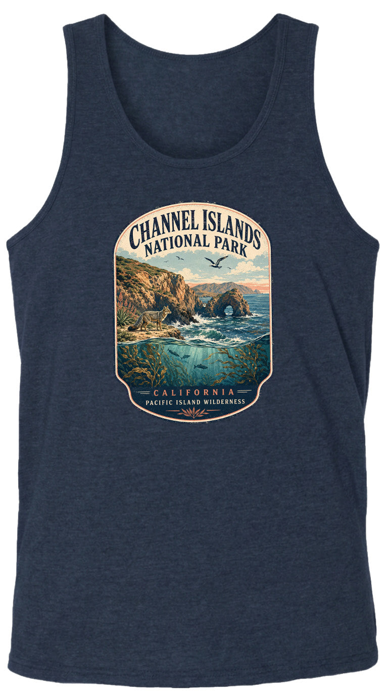 A graphic design on a dark blue tank top featuring a scenic landscape with a body of water, mountains, and a bird in flight.