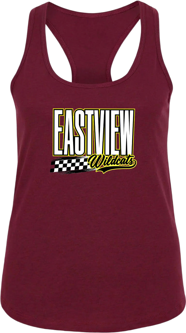 A burgundy-colored tank top with a graphic design featuring the text "EASTVIEW Wildcats" in white and yellow.