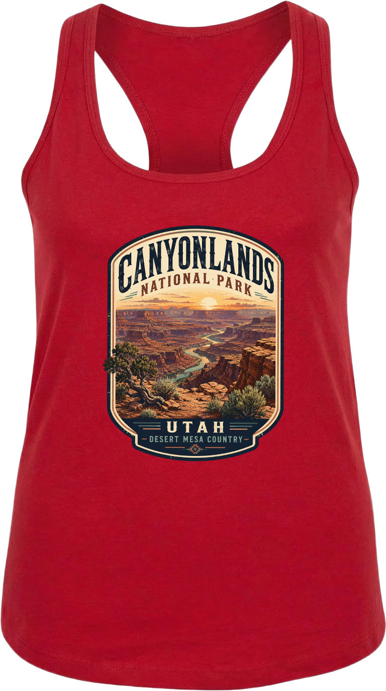 A red tank top with a graphic design depicting the scenic landscape of Canyonlands National Park in Utah.
