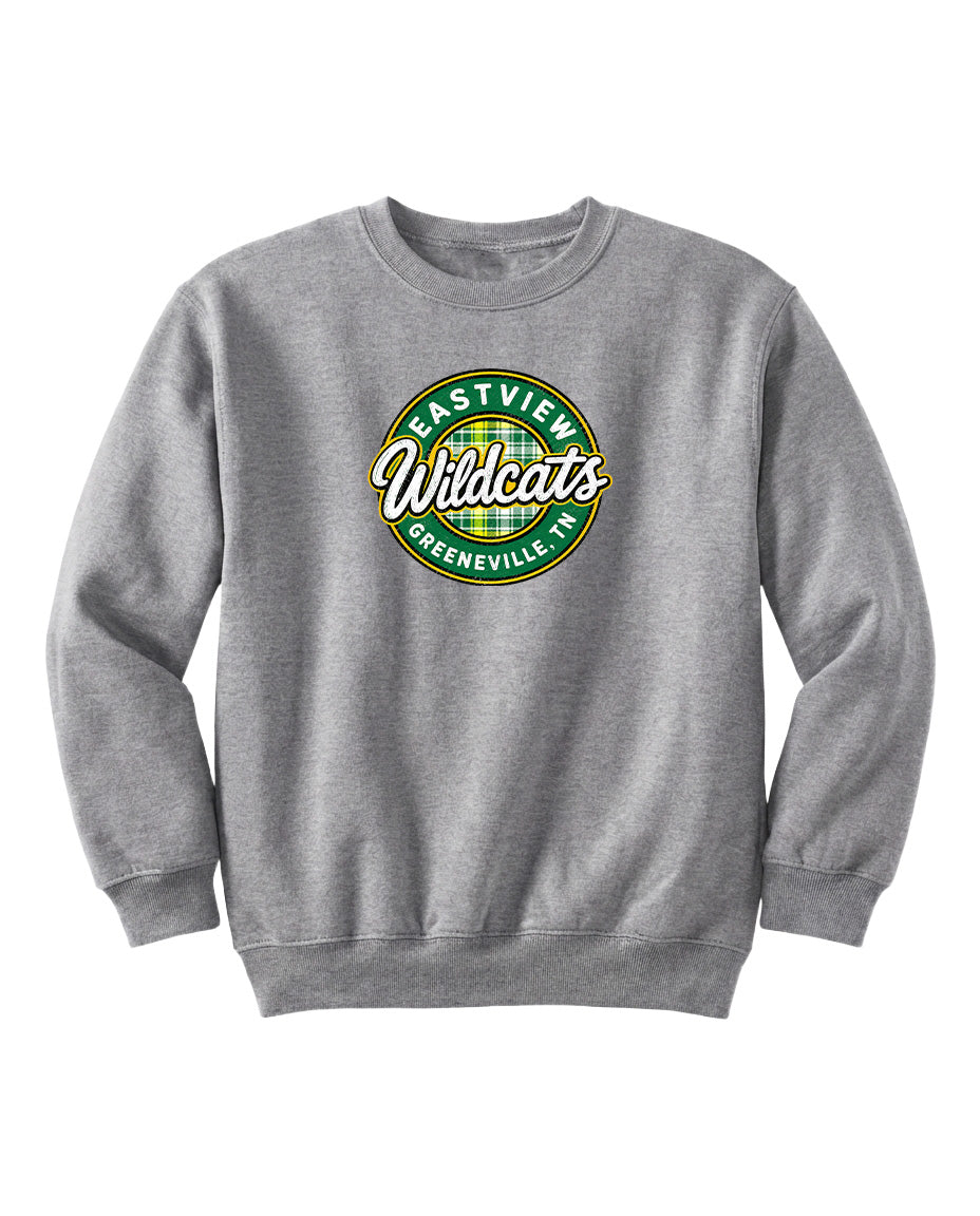 A gray sweatshirt with a circular logo on the front.