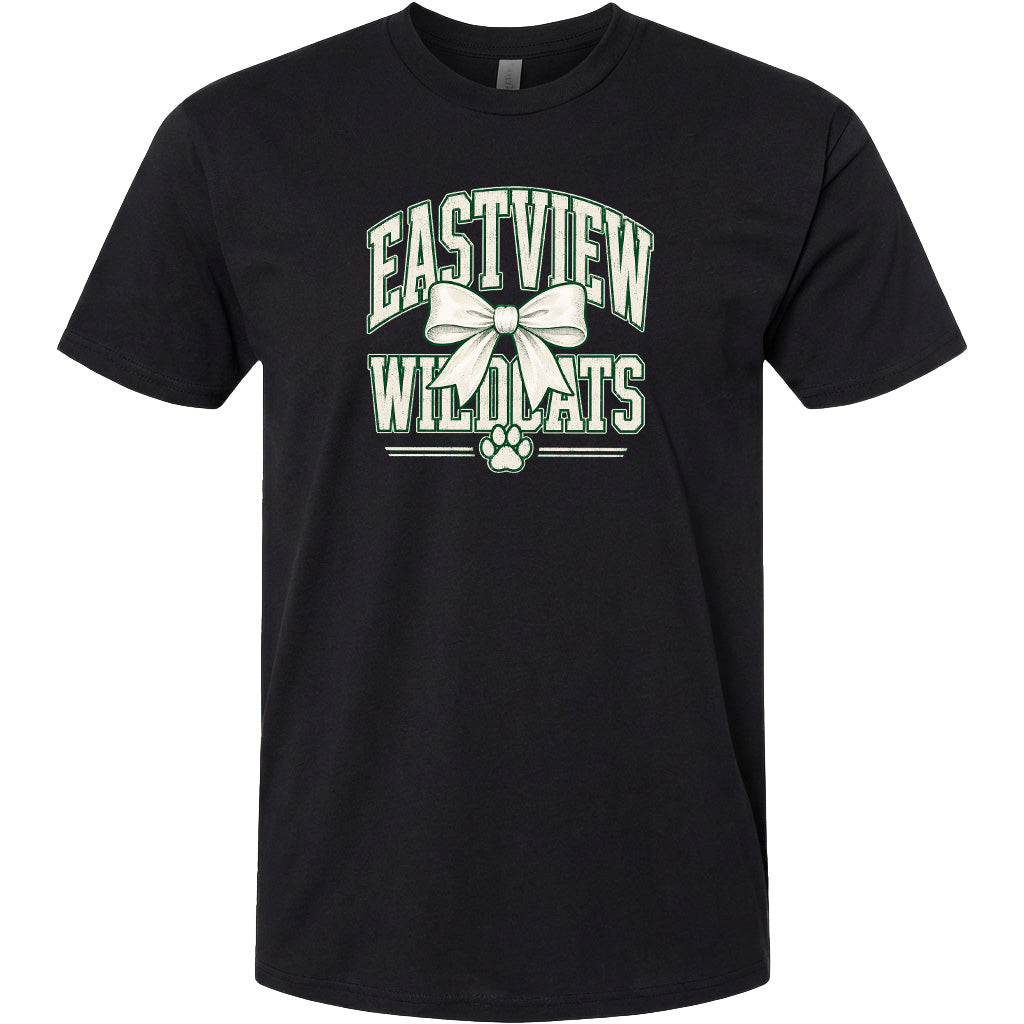 A black t-shirt with a graphic design featuring the text "EASTVIEW WILDLIFE" and a bow.