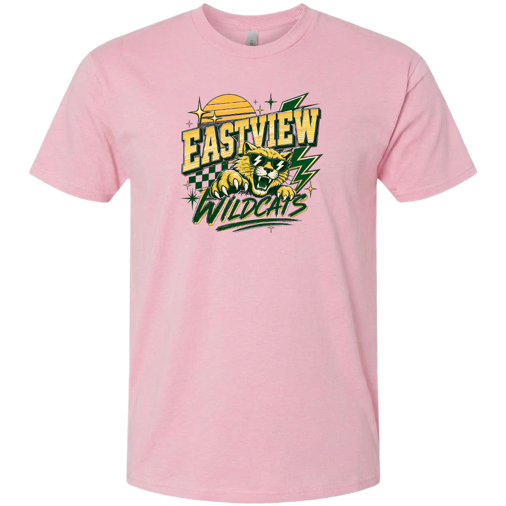 A pink t-shirt with a graphic design featuring a yellow and green checkered cat and the text "EASTVIEW WILDCATS" printed on it.