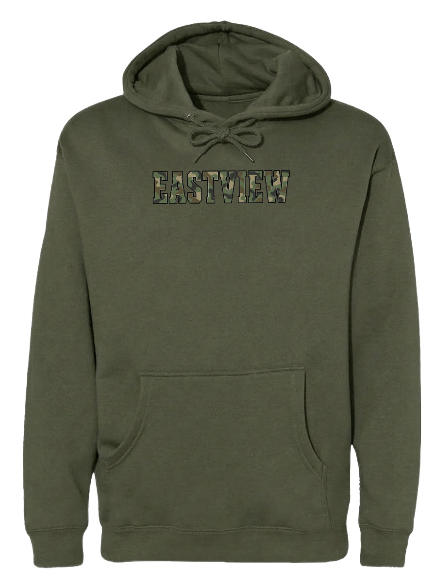 A green hoodie with the word "EASTVIEW" printed on it.