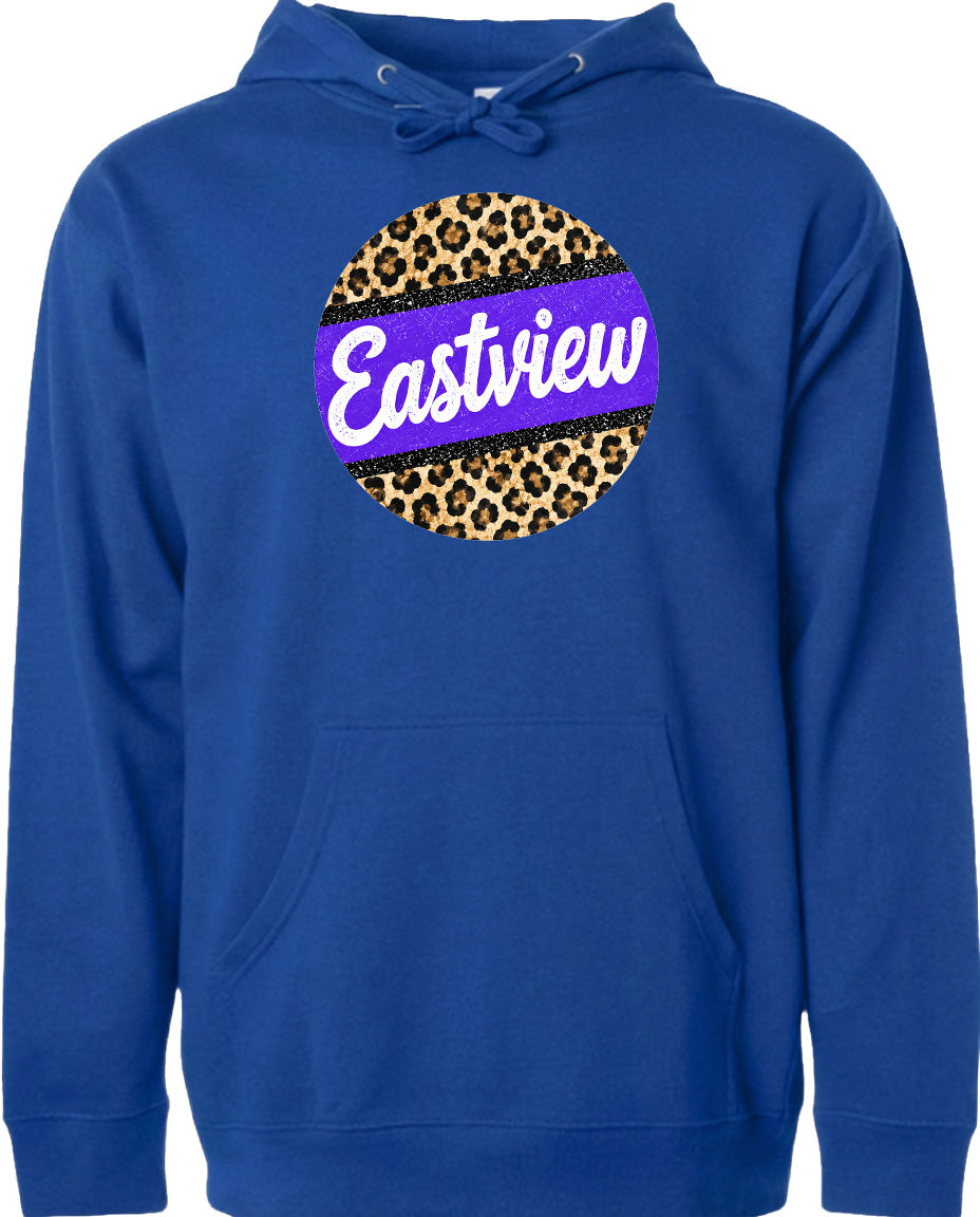 A blue hoodie with a leopard print design and the word "Eastview" printed on it.