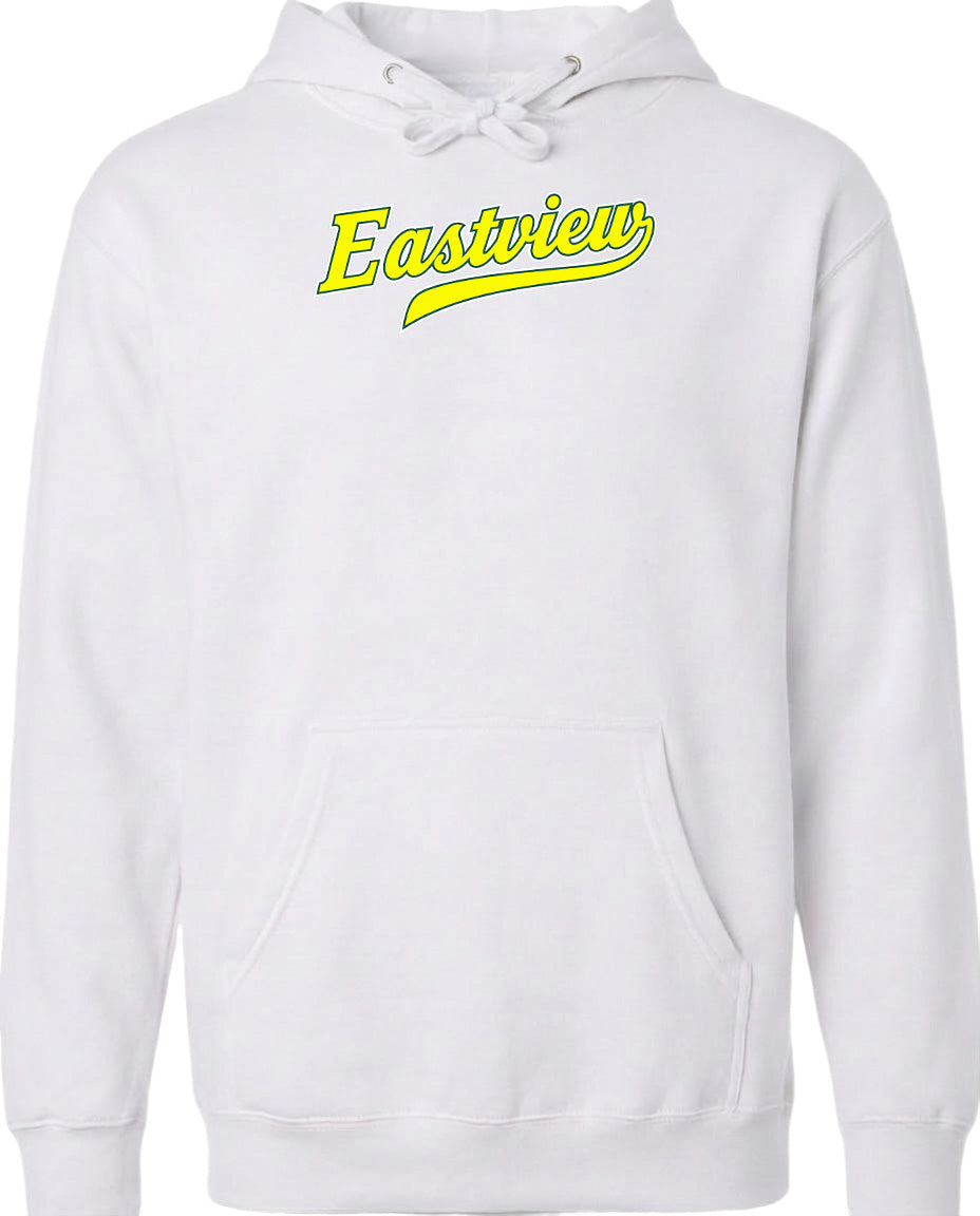 A white hoodie with the word "Eastview" printed in yellow on the front.