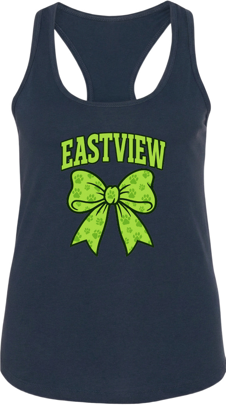 A navy blue tank top with a green bow and paw prints printed on it.
