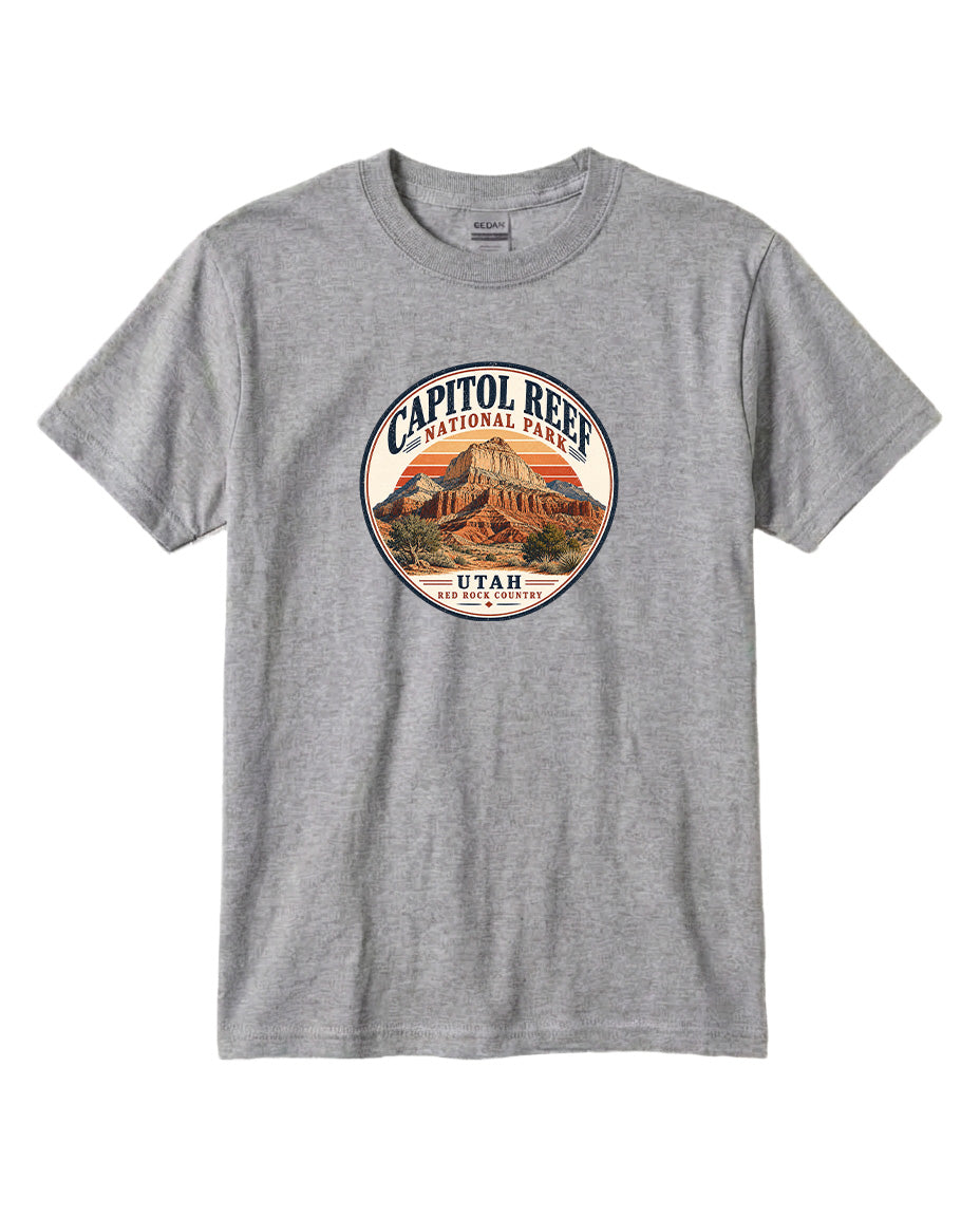 A gray t-shirt with a circular graphic design featuring the Capitol Reef National Park in Utah.