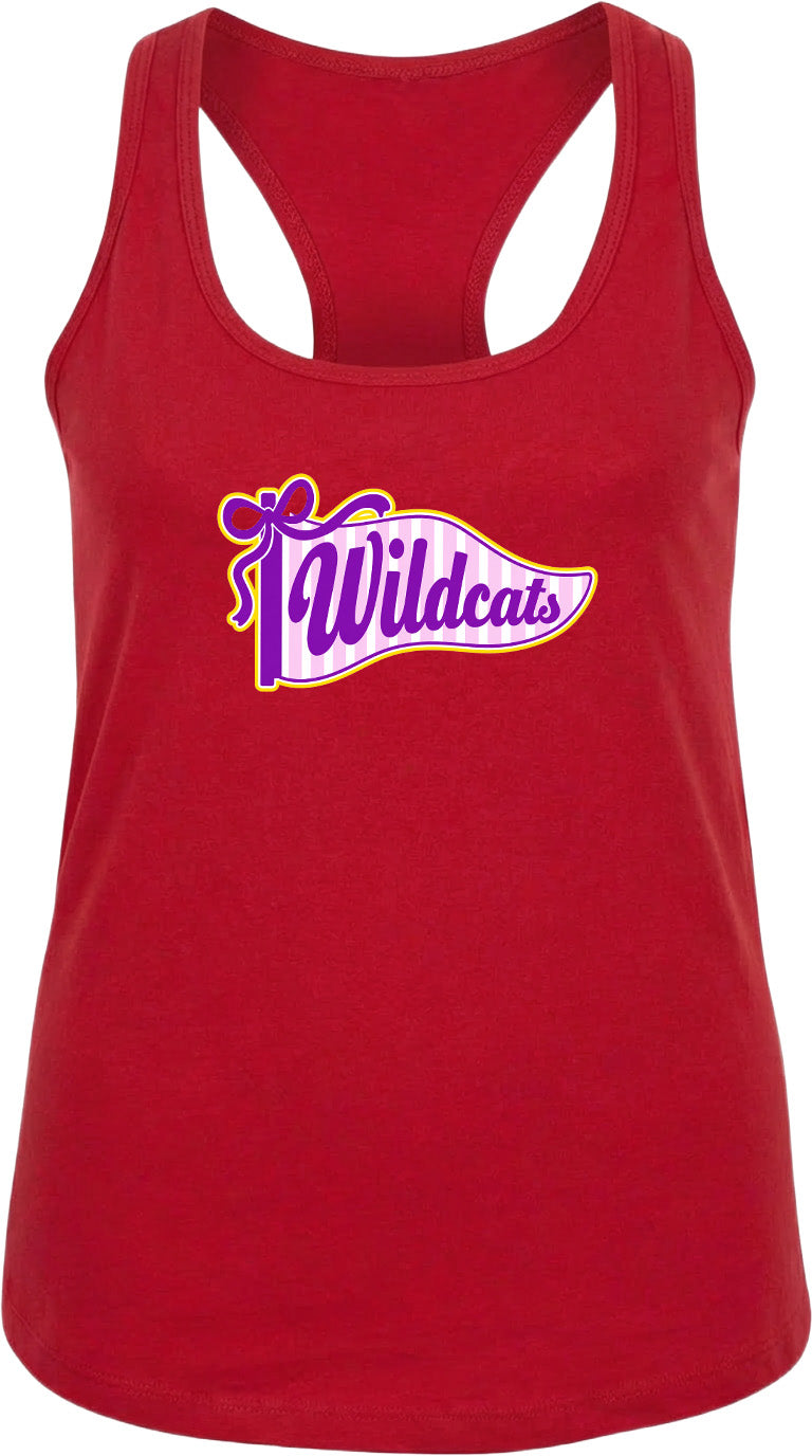 A red tank top with a graphic design featuring the text "Wildcats" and a banner-like shape.