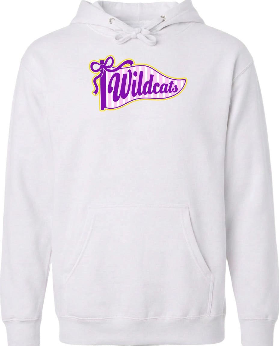 A white hoodie with a graphic design featuring the word "Wildcats" in purple and yellow colors.