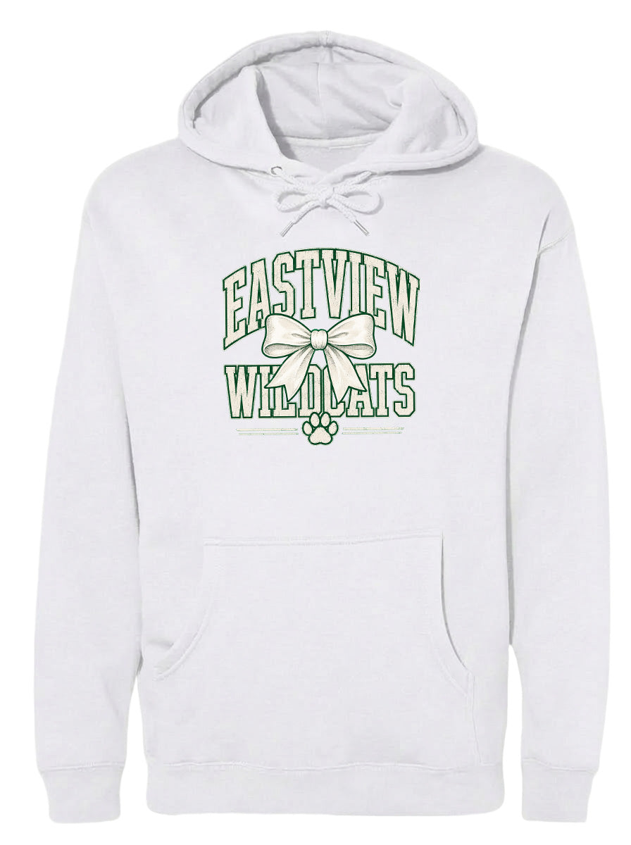 A white hoodie with a graphic design featuring the text "EASTVIEW WILDCATS" and a bow.