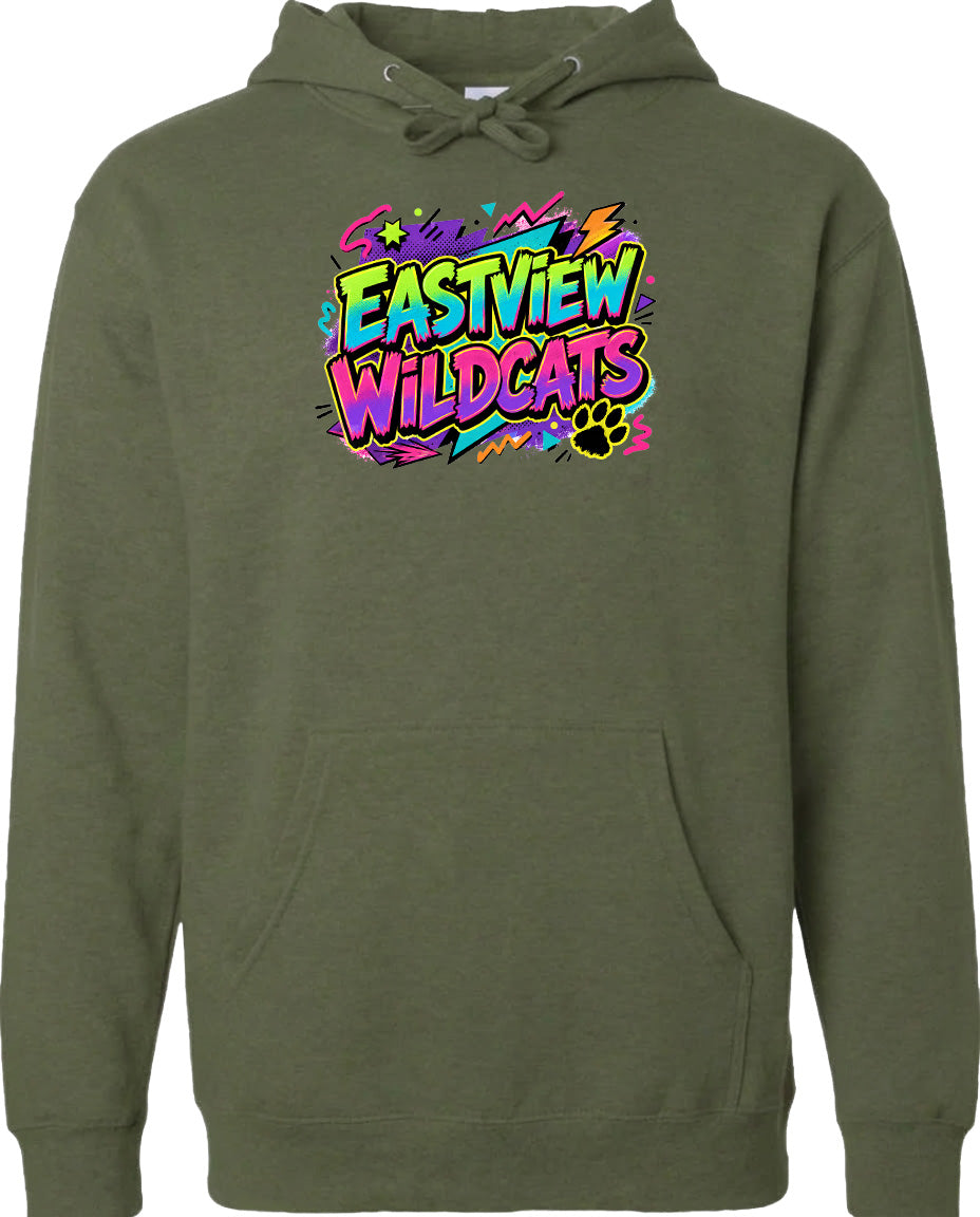 A green hoodie with a colorful graphic design featuring the text "EASTVIEW WILDCATS" and a paw print.