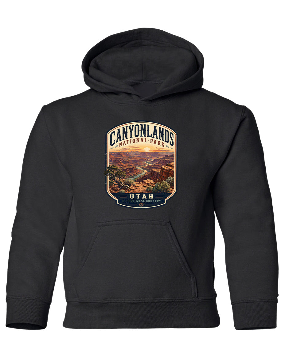 A black hoodie with a graphic design depicting the Canyonlands National Park in Utah.