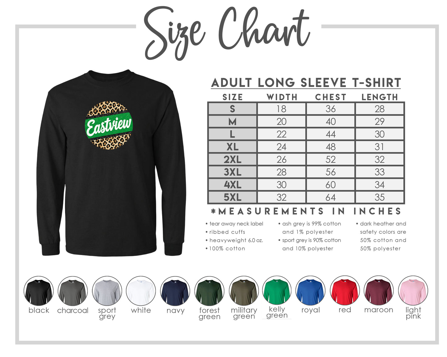The image is a size chart for an adult long sleeve t-shirt, showing the measurements and corresponding shirt colors.