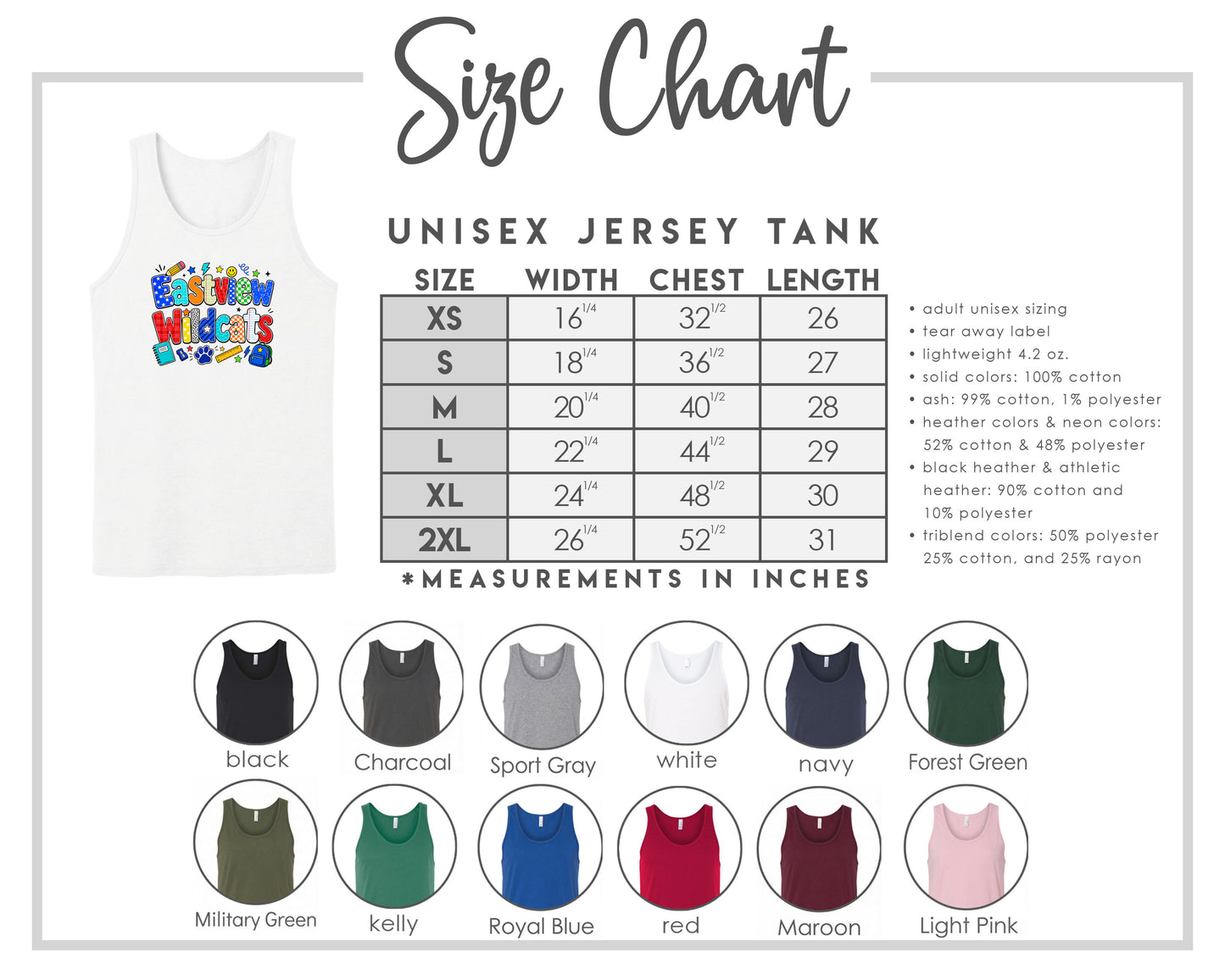 The image is a size chart for a unisex jersey tank, providing measurements for different chest sizes and widths.