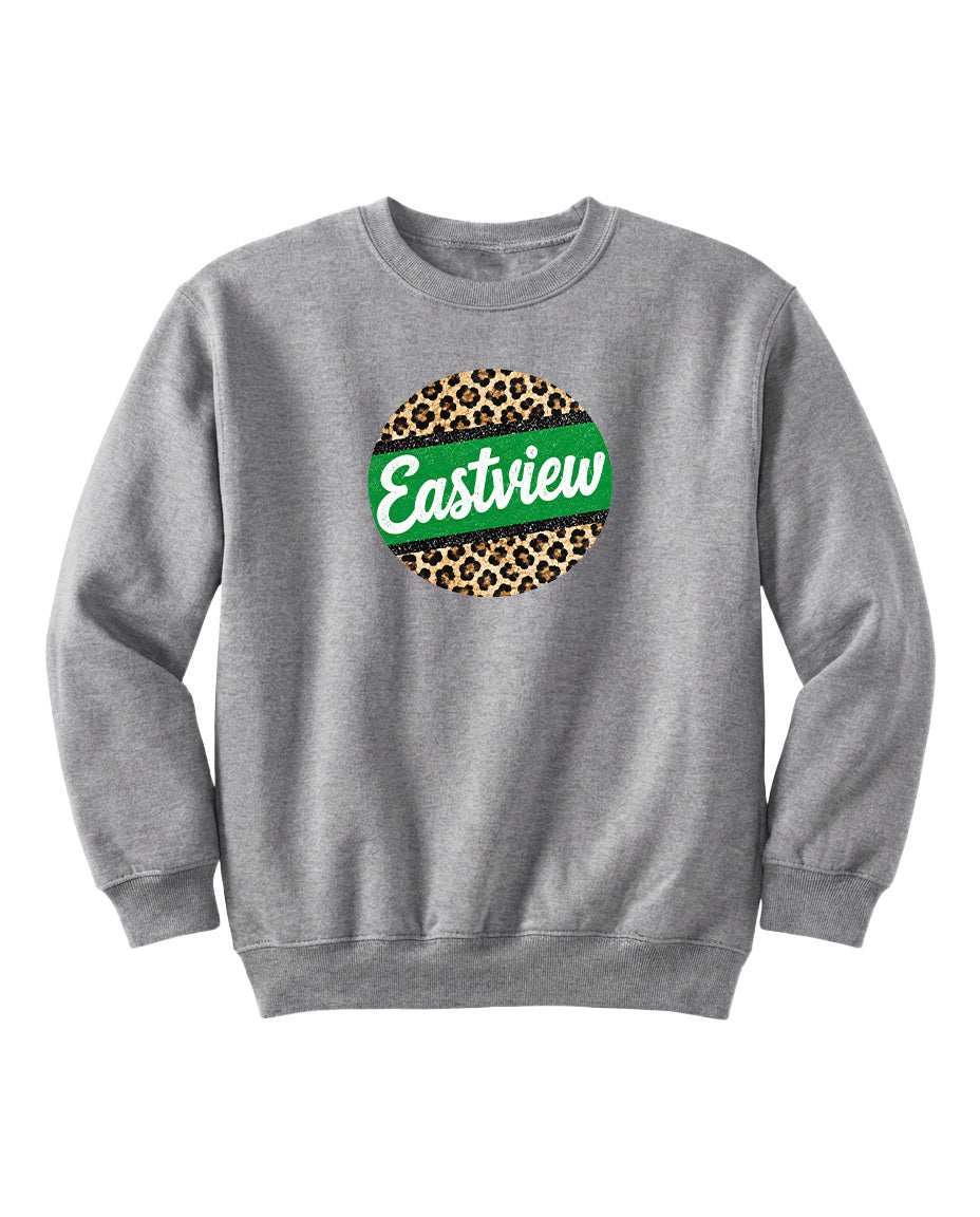 A gray sweatshirt with a leopard print design and the word "Eastview" printed on it.
