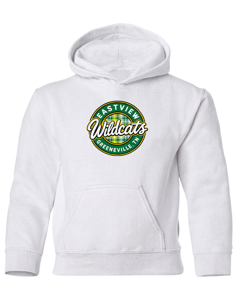 A white hoodie with a logo on the front.
