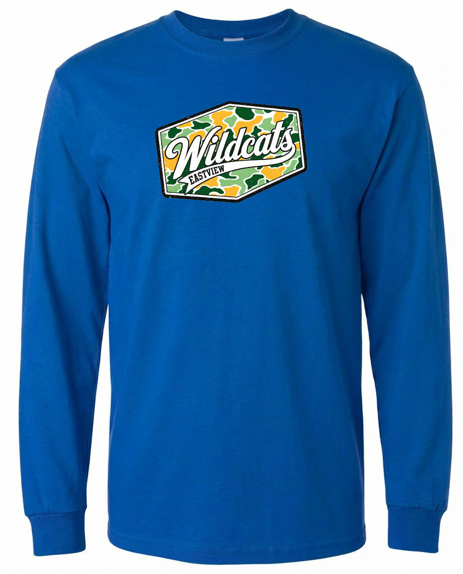 A blue long-sleeved t-shirt with a camouflage-patterned logo on the front.