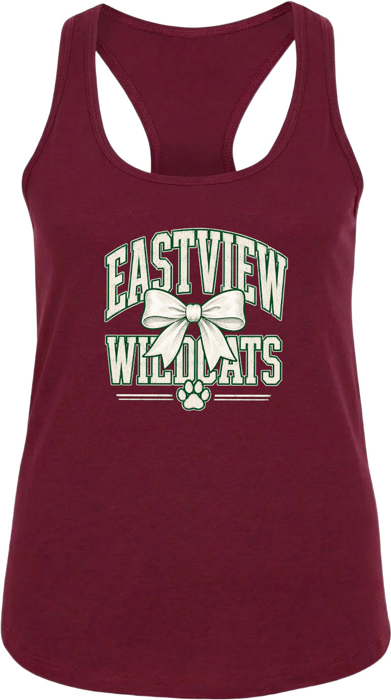 A burgundy tank top with the text "EASTVIEW WILDCATS" printed on it, along with a bow and paw prints.