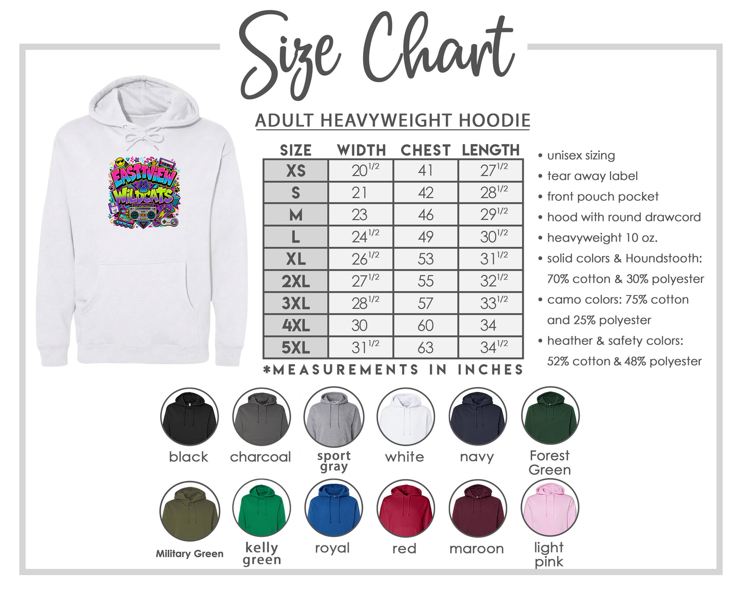 The image is a size chart for an adult heavyweight hoodie, showing the different sizes available and their corresponding measurements in inches.