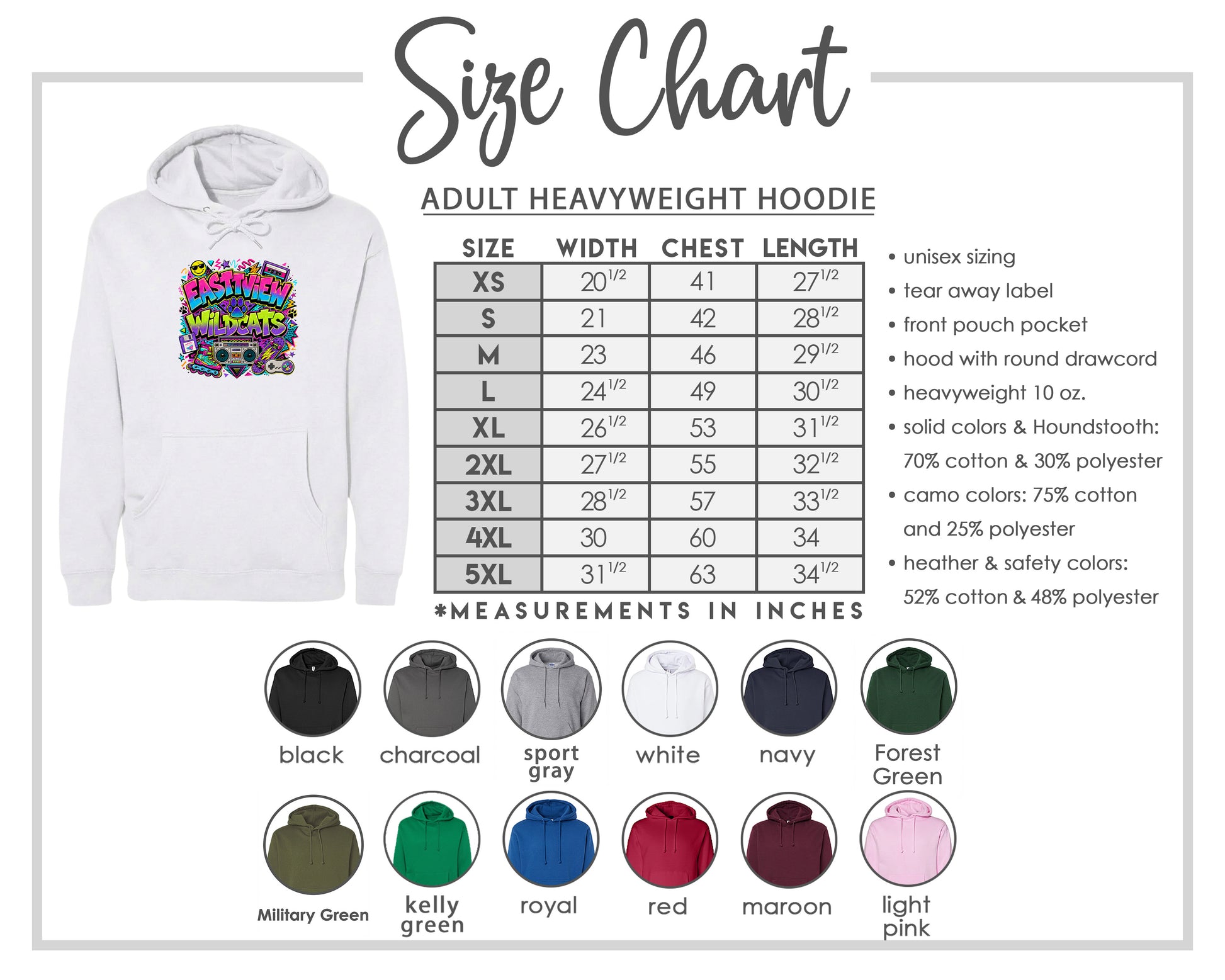 The image is a size chart for an adult heavyweight hoodie, showing the different sizes available and their corresponding measurements in inches.