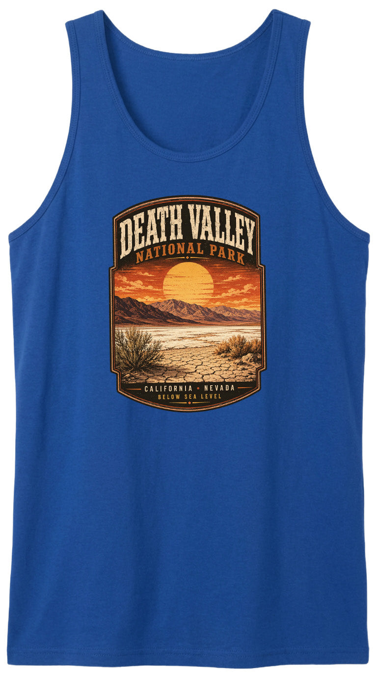 A blue tank top with a graphic design depicting Death Valley National Park, including a sunset landscape and mountains.