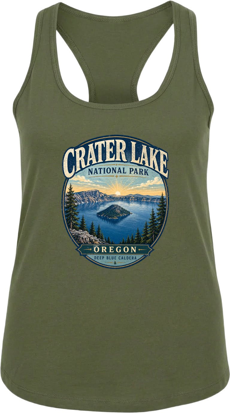 A green tank top with a graphic design depicting Crater Lake National Park in Oregon.