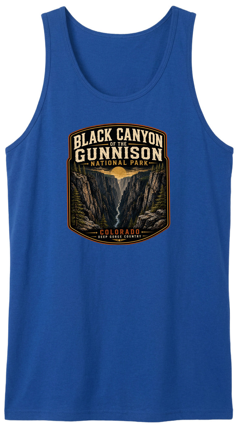 A blue tank top with a graphic design depicting the Black Canyon of the Gunnison National Park in Colorado.