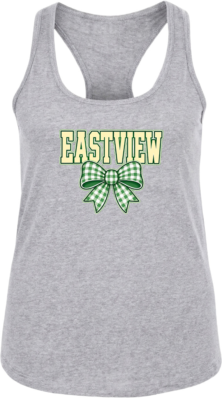 A gray tank top with a green and white bow graphic and the word "EASTVIEW" printed on it.