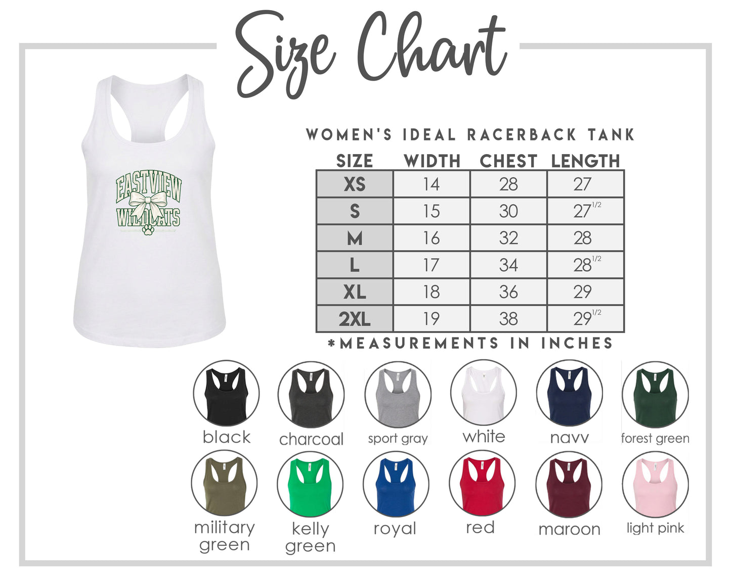 The image is a size chart for a women's ideal racerback tank, including a white tank with a green design and a table with size and color options.