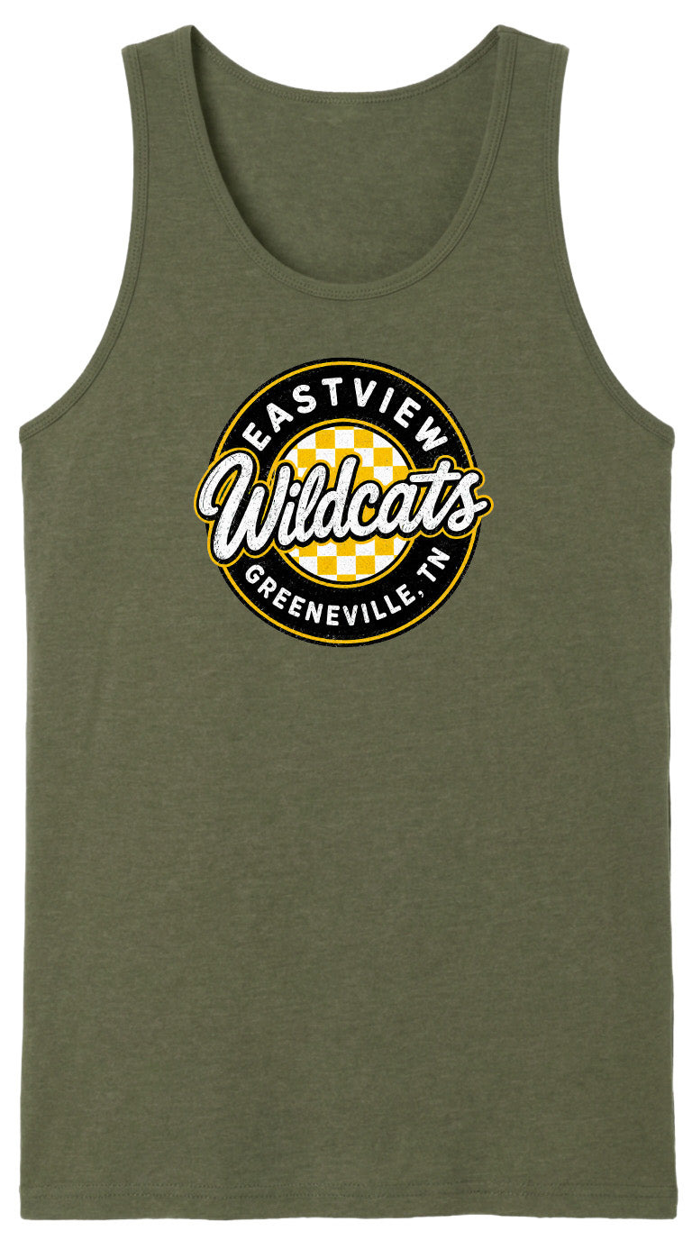 A green tank top with a circular logo that says "EASTVIEW Wildcats Greeneville, TN".
