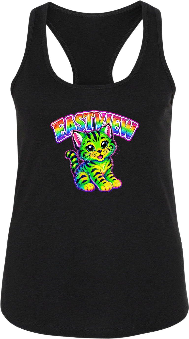 A black tank top with a colorful graphic of a cat and the text "EASTVIEW" printed on it.