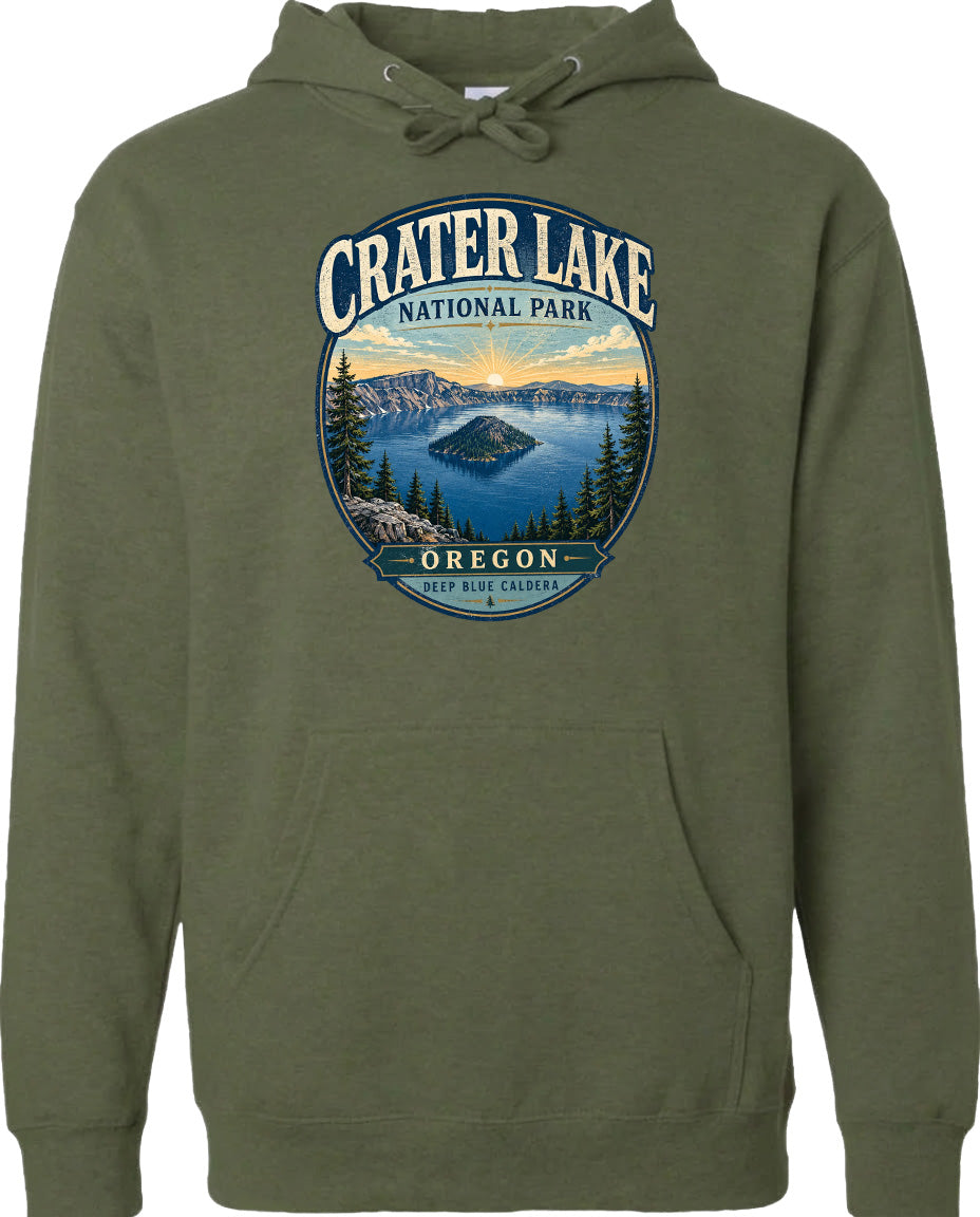 A green hoodie with a graphic design depicting Crater Lake National Park in Oregon.