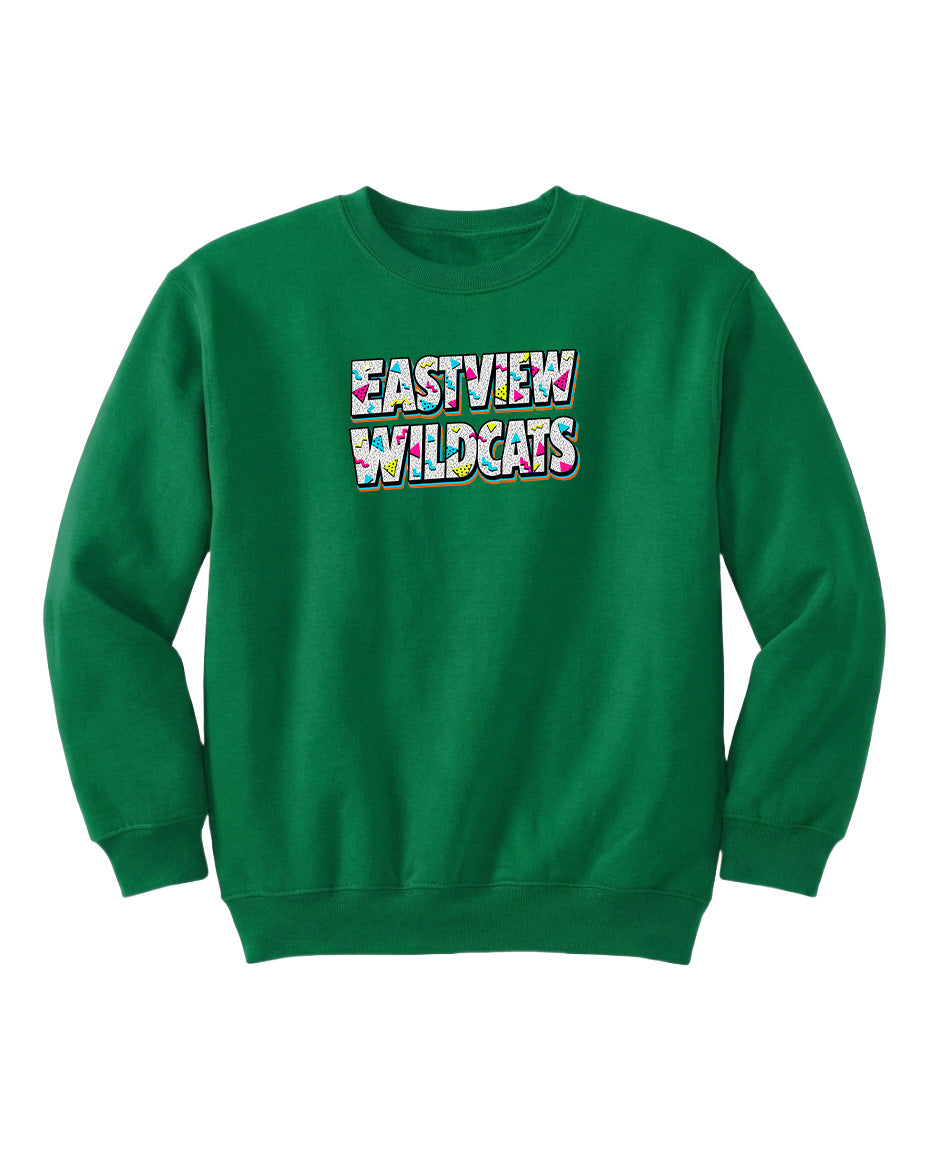 A bright green sweatshirt with the text "EASTVIEW WILDCATS" printed on it.