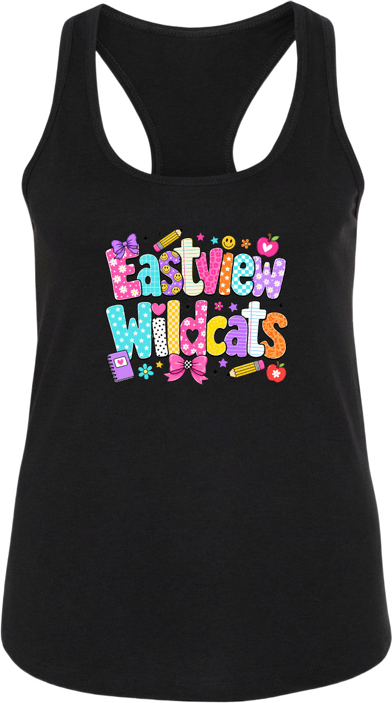 A black tank top with a colorful graphic design featuring the text "Eastview Wildcats" in a playful, cartoon-like font.