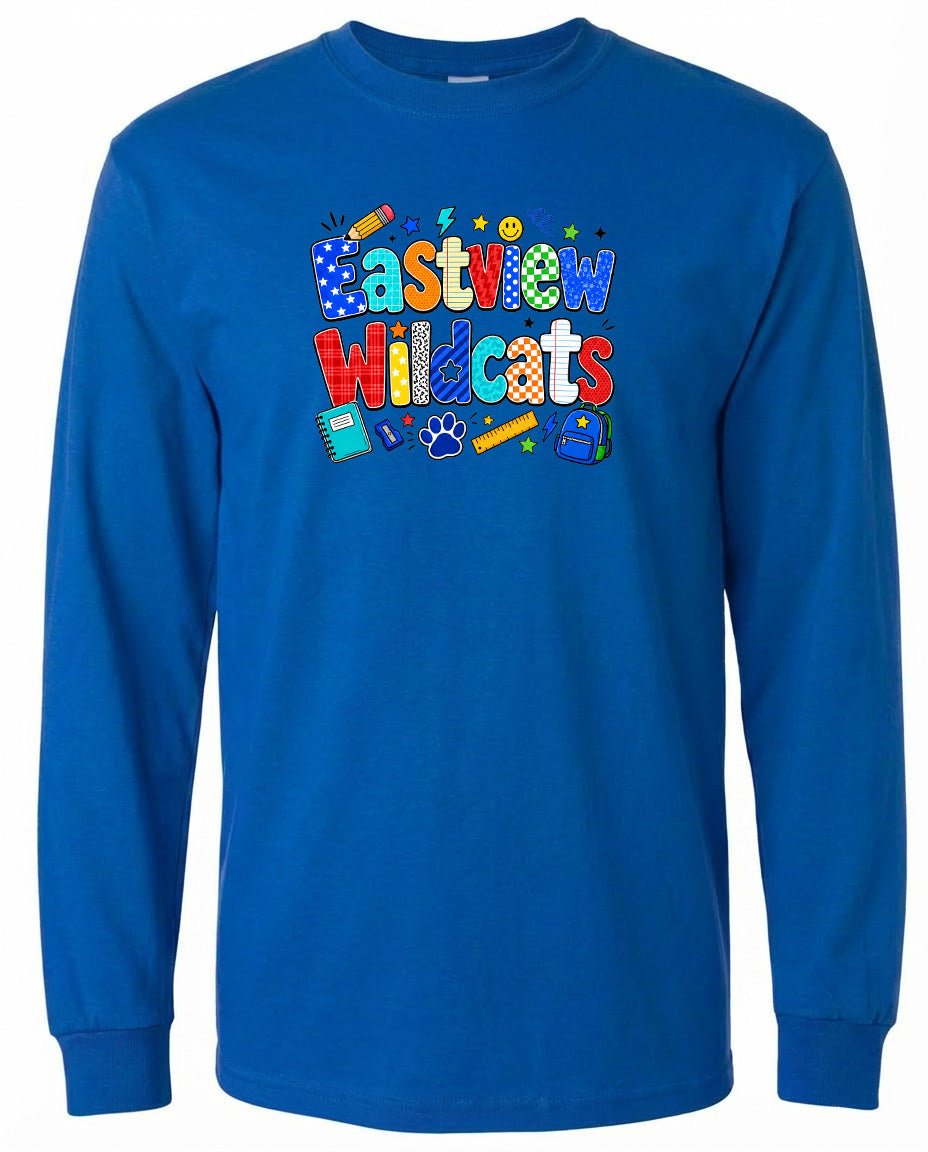 A blue long-sleeved shirt with the text "Eastview Wildcats" printed on it.