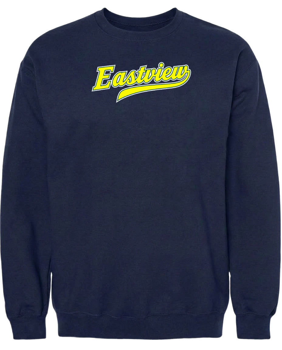 A navy blue sweatshirt with the word "Eastview" printed in yellow on the front.
