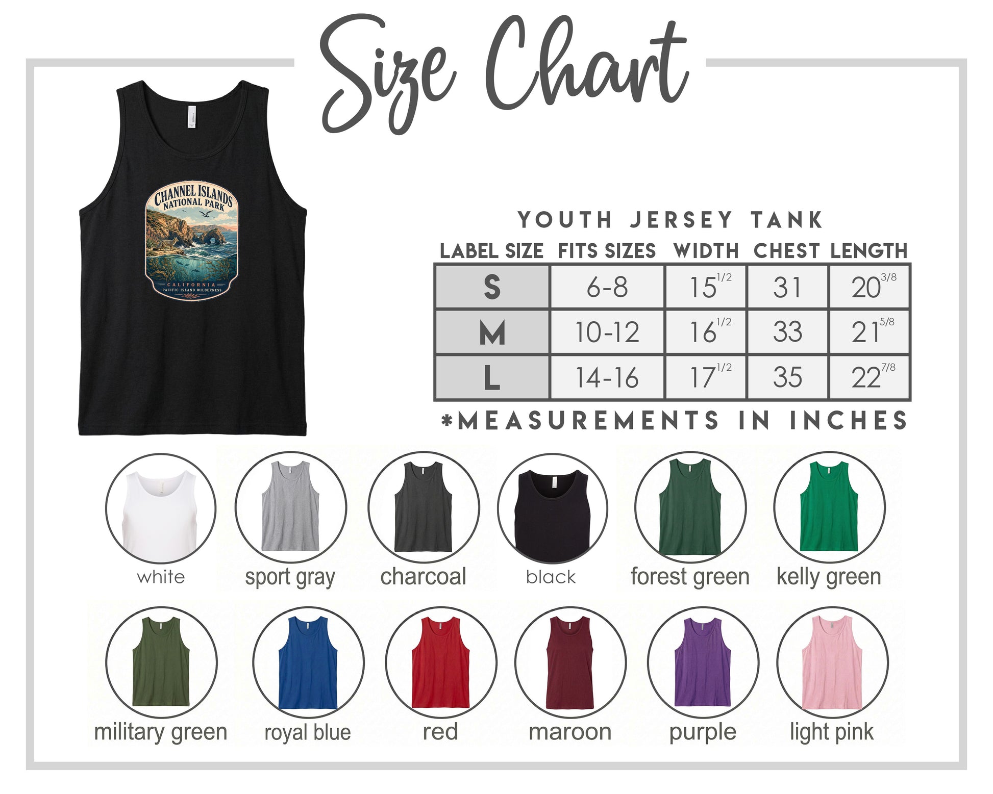 The image is a size chart for a youth jersey tank, displaying various label sizes and corresponding chest measurements. The chart includes a black tank with a graphic design and a list of sizes and measurements.