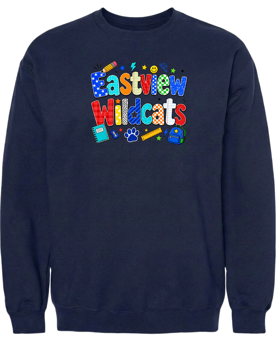 A navy blue sweatshirt with a colorful graphic design featuring the text "Eastview Wildcats" and various school-related icons such as a pencil, backpack, and book.