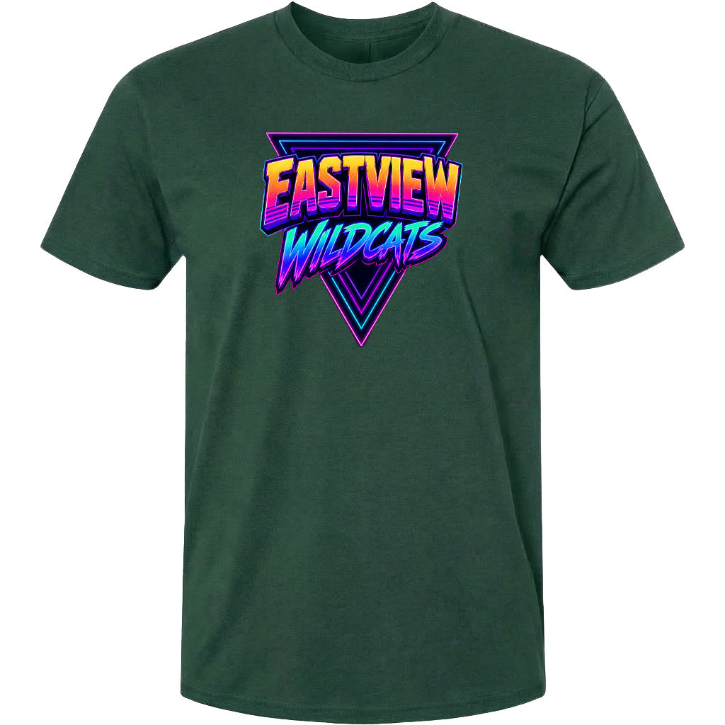 A green t-shirt with a graphic design featuring the text "EASTVIEW WILDCATS" in a stylized font.