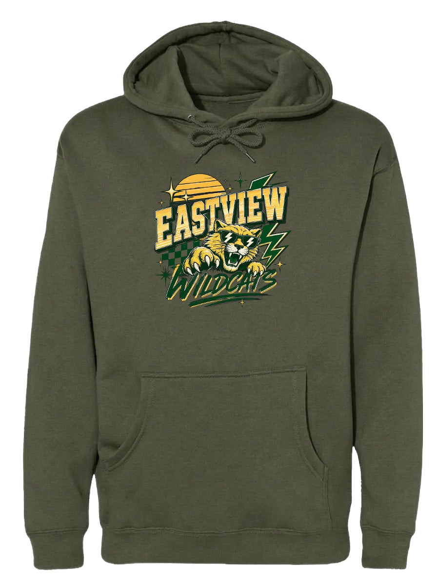 A dark green hoodie with a graphic design featuring a panther and the text "EASTVIEW WILDCATS" printed on it.