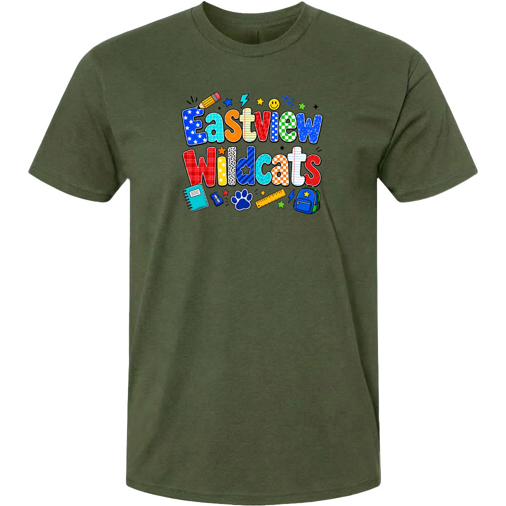 A green t-shirt with a colorful graphic design featuring the text "Eastview Wildcats" and various school-related icons such as a pencil, backpack, and book.