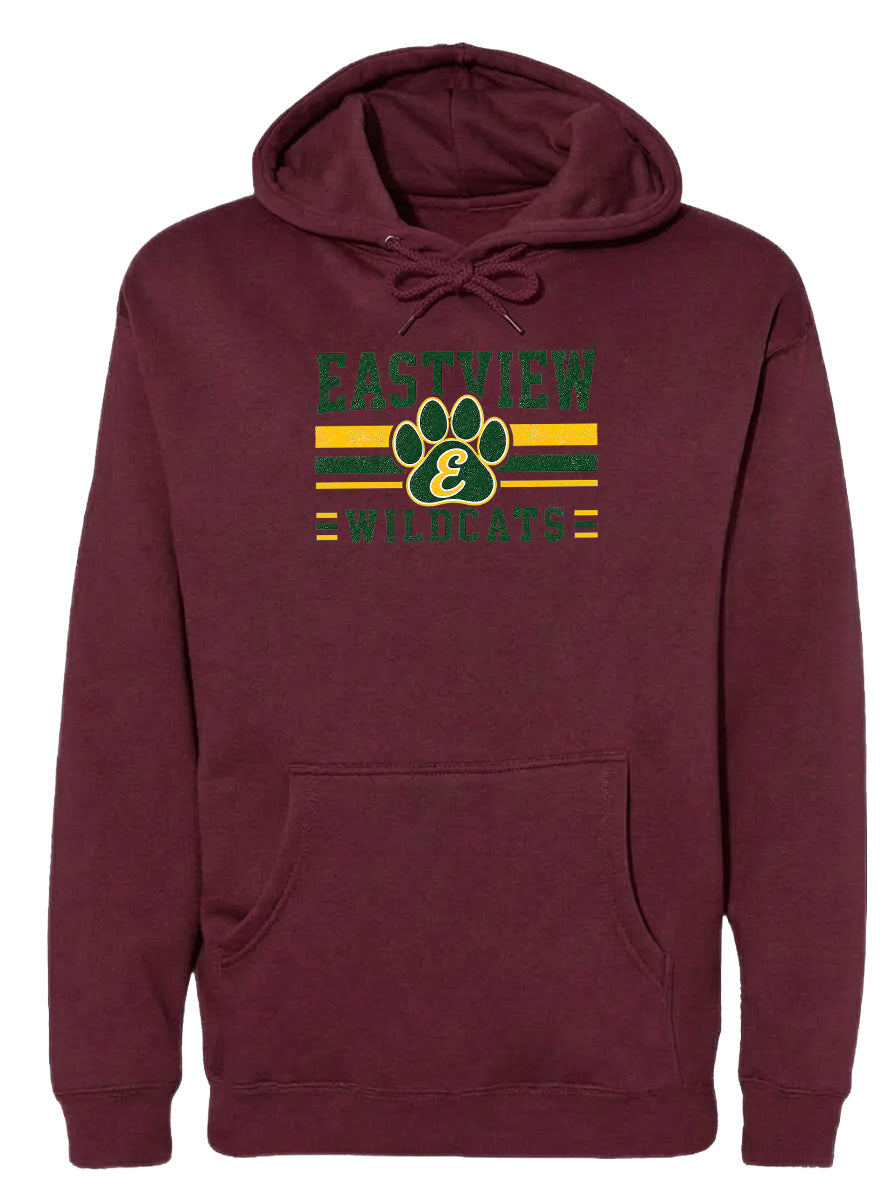 A burgundy hoodie with a graphic design featuring a paw print and the text "EASTVIEW WILDCATS" printed on it.
