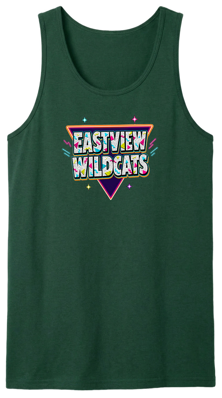 A green tank top with a colorful graphic design featuring the text "EASTVIEW WILDCATS" in a retro style.