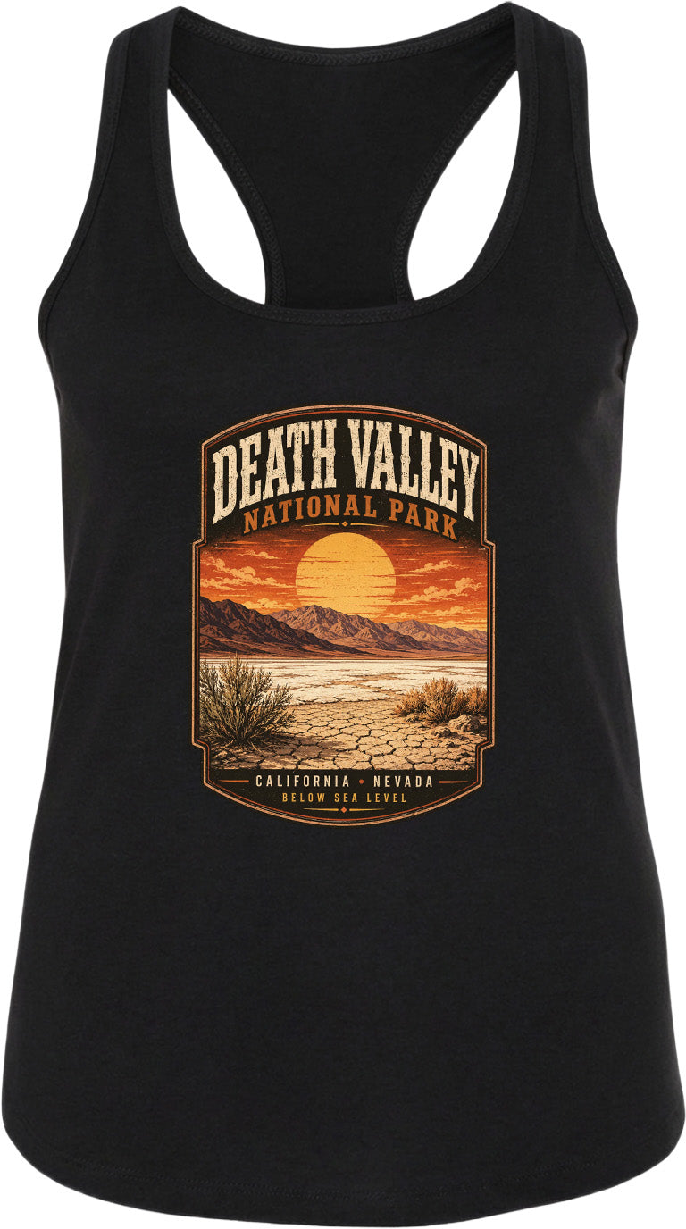 A black tank top with a graphic design depicting Death Valley National Park and the surrounding landscape.