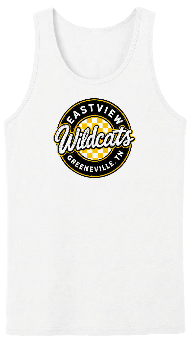 A white tank top with a circular logo that says "EASTVIEW Wildcats Greeneville, TN".