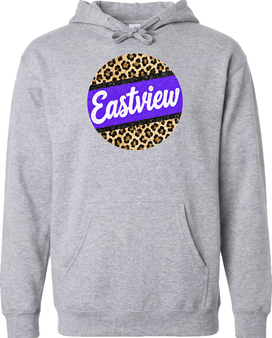 A grey hoodie with a round graphic design on the front. The design features a leopard print pattern with a purple stripe and the word "Eastview" written in white cursive text.