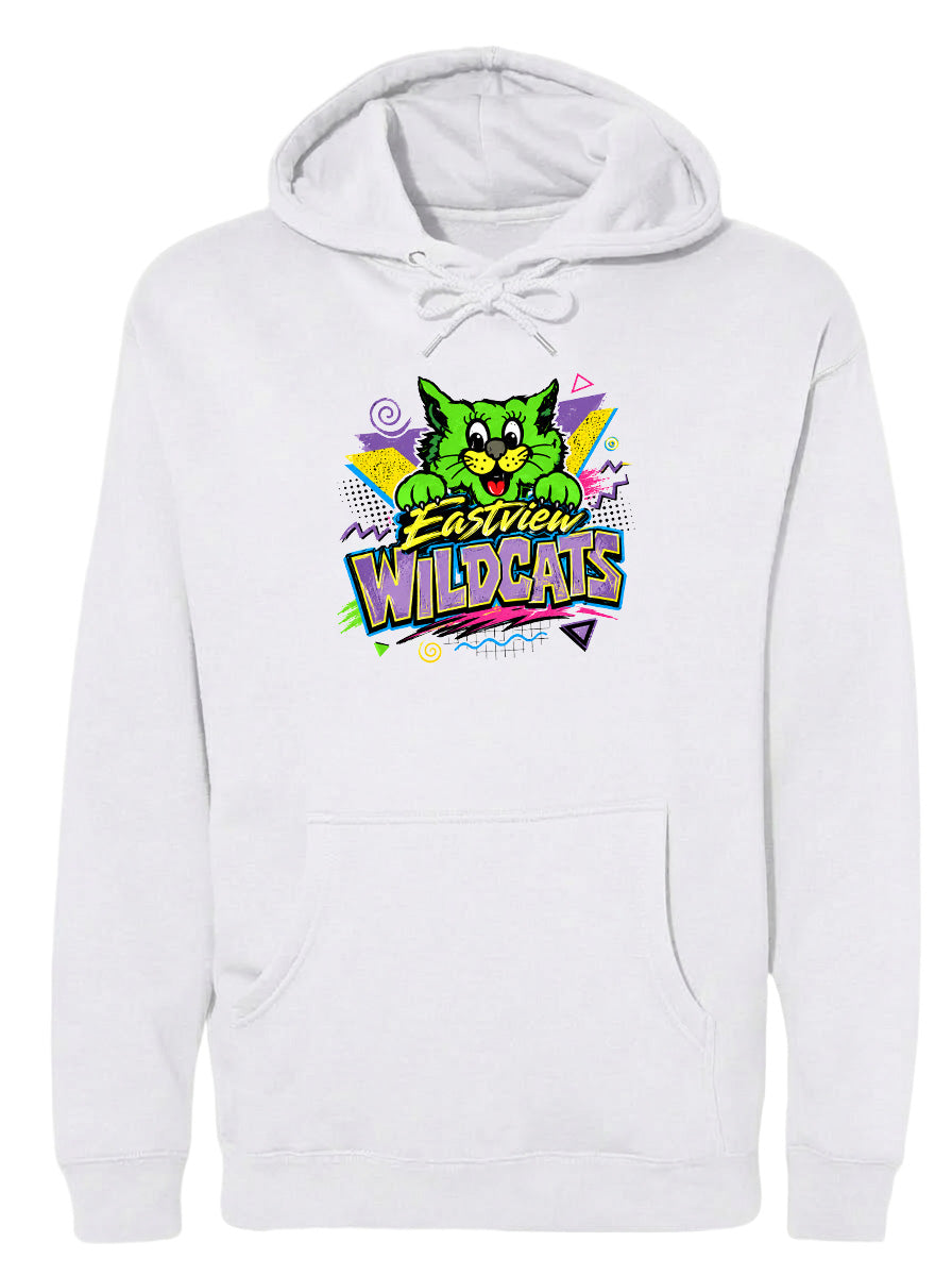 A white hoodie with a colorful graphic design featuring a cartoon cat and the text "Ezview Wildcats".