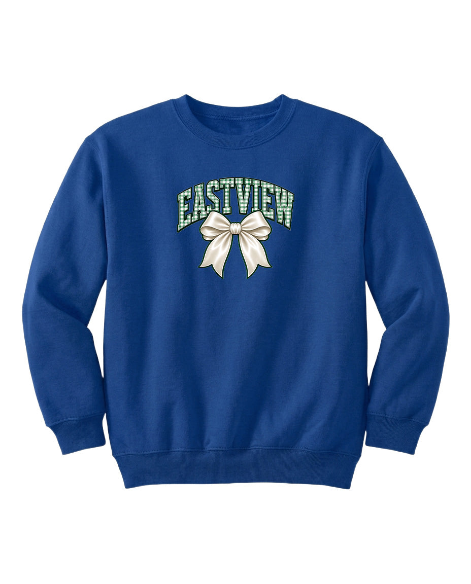 A blue sweatshirt with a white bow and the word "EASTVIEW" printed on it.