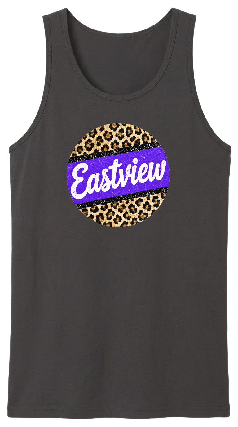A black tank top with a purple and leopard print circular logo on it.